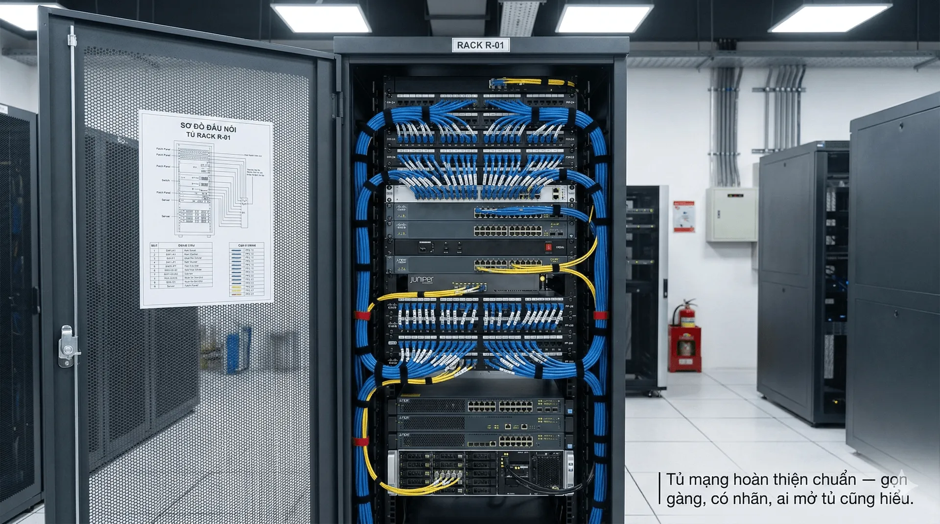 Tủ mạng thi công chuẩn: dây gom gọn, nhãn rõ ràng, sơ đồ đấu nối dán trong tủ